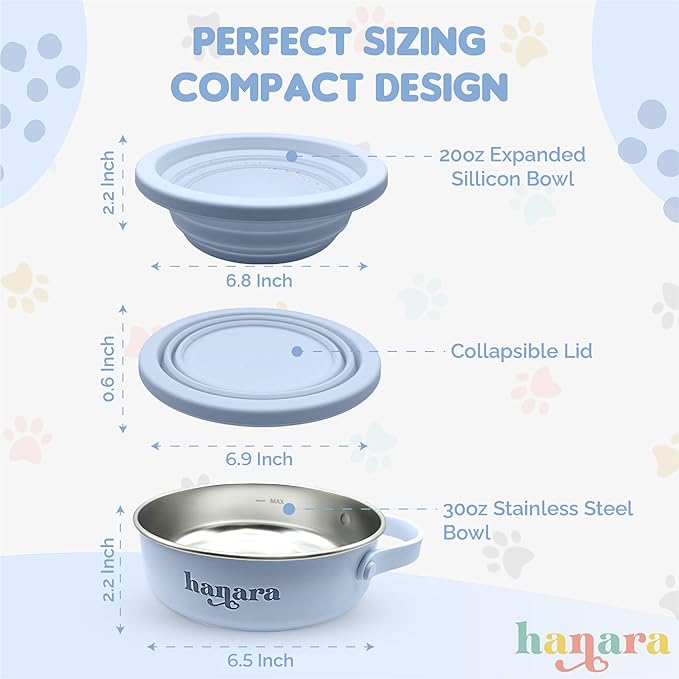 HANARA 2-in-1 Insulated Dog Bowl with Collapsible Lid & Handle ??Stainless Steel, Non-Slip Rubber Base ??Portable Pet Water & Food Bowl for Dogs & Cats ??30 OZ + 20 OZ ??Indoor & Outdoor (Blue)
