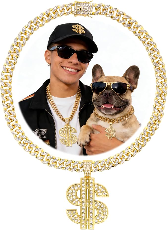 Evoolyn Dog Collar Diamond Gold Plated Cuban Link Chain Glitter Necklace with Dollar Pendant Matching Pet Owner Styles Available Hip Hop Pet Accessories for Dog & Cat (Gold, 50cm)