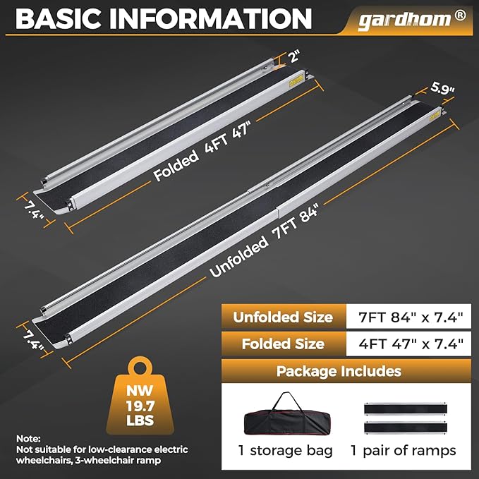gardhom 1Pair 7FT Adjustable Wheelchair Ramp 84" L x 7.4" W Telescopic Ramps for Wheelchairs 600 lbs Portable Wheelchair Ramps for Steps Home Threshold Doorways Steps Stairs with Carrying Bag