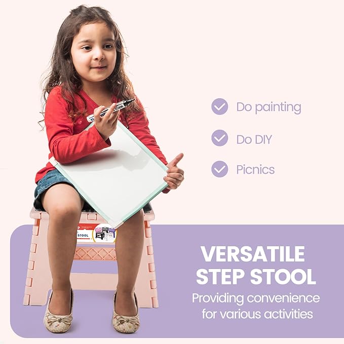 ACSTEP 9 Inch Folding Step Stool 300 LB Capacity Non Slip Foot Stool with Handle Plastic Foldable Step Stools for Kids Stepping Stool for Bathroom Black Small Step Stool (1 PC Pink)