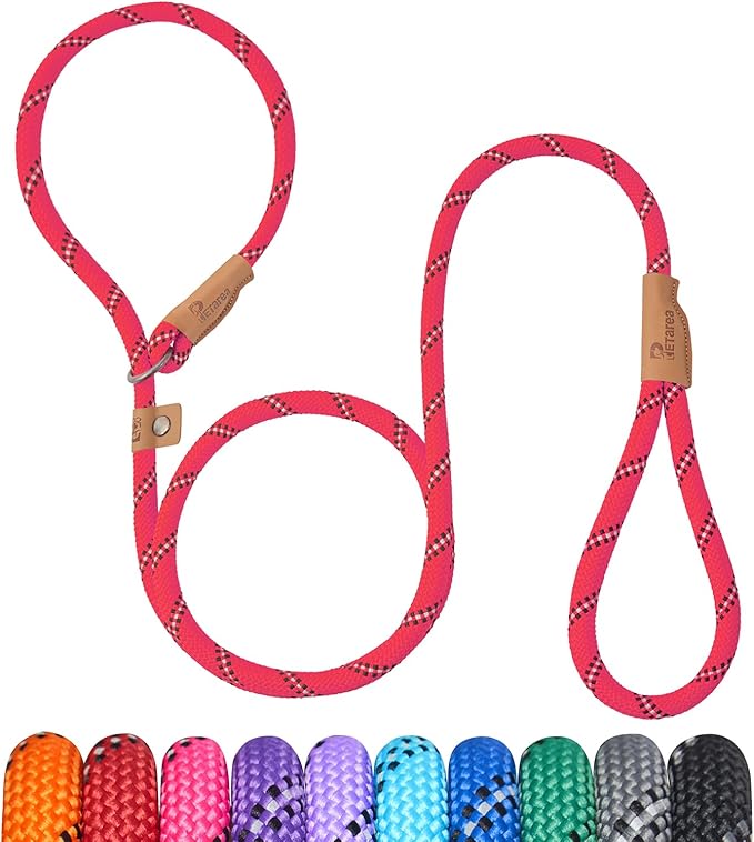 5 FT Slip Lead Dog Leash, Heavy Duty Rope Leash for Small Medium Large Dogs, No Pull Training Lead with Reflective Thread, Strong Comfortable Loop Leash (Red Stripe, Medium(3/8"))