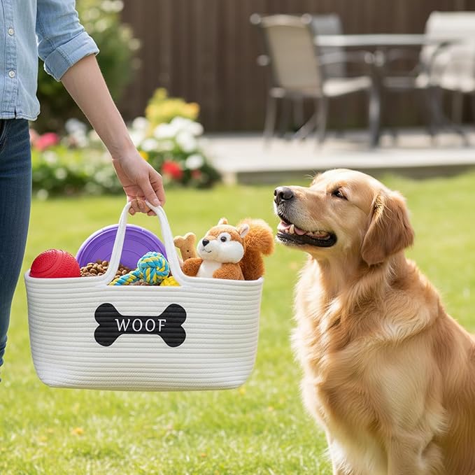 Woven Dog Toys Basket,Cotton Rope Baskets for Dog Cat Accessories,Pet Storage Tote with Long Handle for Snack and Camping Essentials,Ideal for Car Trunk, RV trip,Picnic