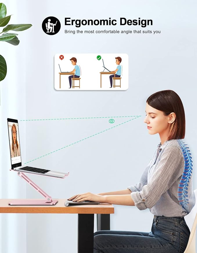 Foldable Laptop Stand, Height Adjustable Ergonomic Computer Stand for Desk, Aluminum Portable Laptop Riser Notebook Holder Mount Compatible with MacBook Pro Air, HP, Dell 10-16" (Pink)