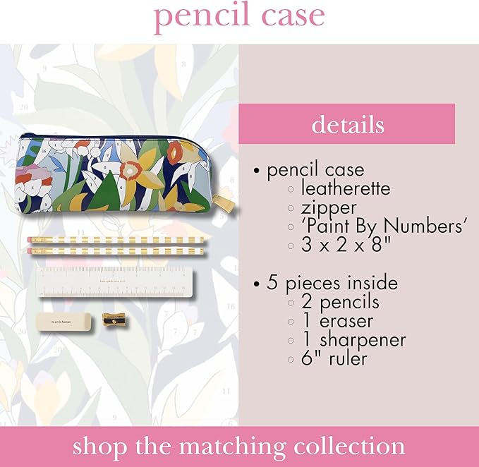 kate spade new york Pen and Pencil Case with Office Supplies, Zip Pouch Includes 2 Pencils, Sharpener, Eraser, and Ruler, Paint by Numbers