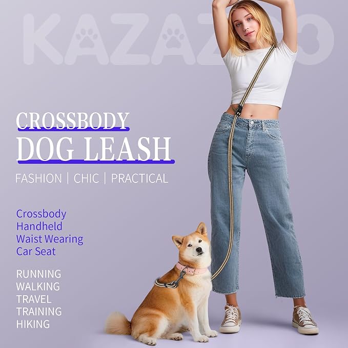 Kazazoo Hands-Free Adjustable Length 5-8 Ft Dog Leash, Waist for Dog Walking, Running for Dogs with Reflective Strips, Ballistic Nylon, Waist Belt Adjustable, Lightweight Brown M