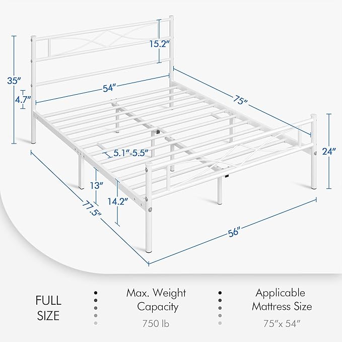Yaheetech Metal Full Size Bed Frame, Platform Bed Frame, Mattress Foundation with Curved Design Headboard & Footboard, NO Box Spring Needed, Heavy-Duty Support, Easy Assembly, Full, White
