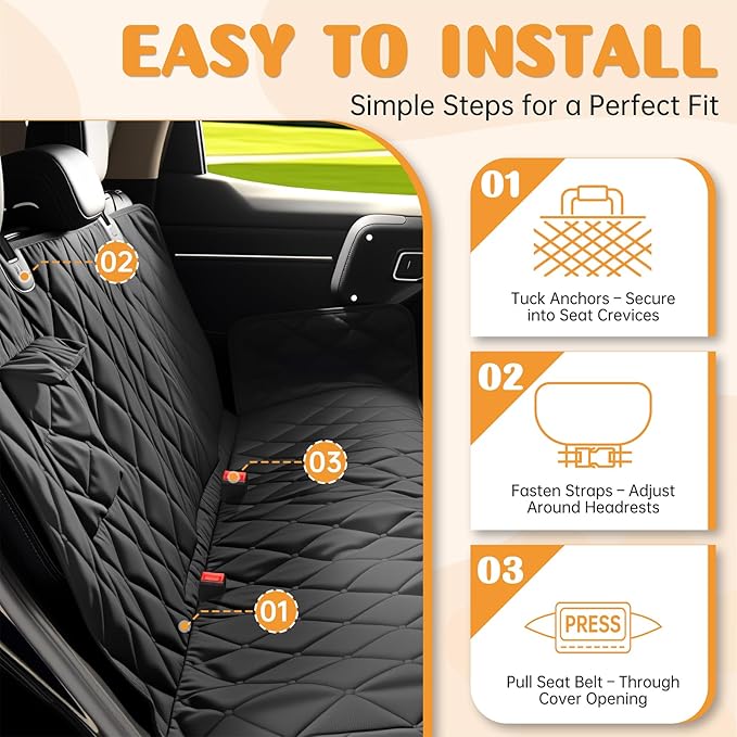 Dog Car Seat Cover for Back Seat 100% Waterproof, Long-Lasting and Soft Nonslip Backseat Dog Cover for Cars, SUVs and Trucks (Black, Standard (54" W x 59" L))