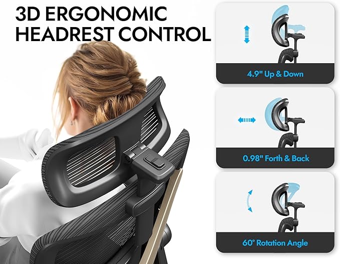 Ergonomic Office Chair-Mesh Computer Desk Chair Comfy, High-Back Gaming Chairs with 3D Headrest & Lumbar Support, Executive Task Chair for Adults, Comfortable for Long Hours