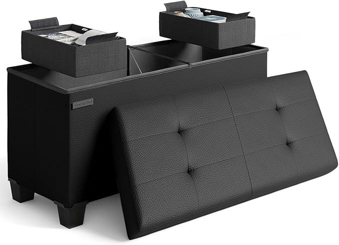 STORAGEBUD Storage Ottoman Bench with Bins, 30-in Storage Bench for Bedroom End of Bed, Folding Foot Rest Ottoman for Living Room Max 660lbs, Faux Leather Ottomans, Black