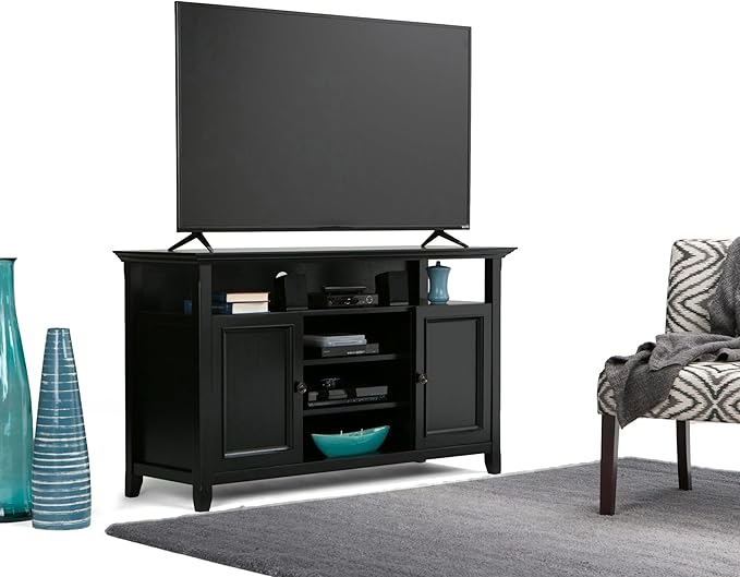 SIMPLIHOME Amherst Solid Wood Universal TV Media Stand, 54 Inch Wide, Transitional, Living Room Entertainment Center, Storage Cabinet and Shelves, for Flat Screen TVs up to 60 Inches in Black