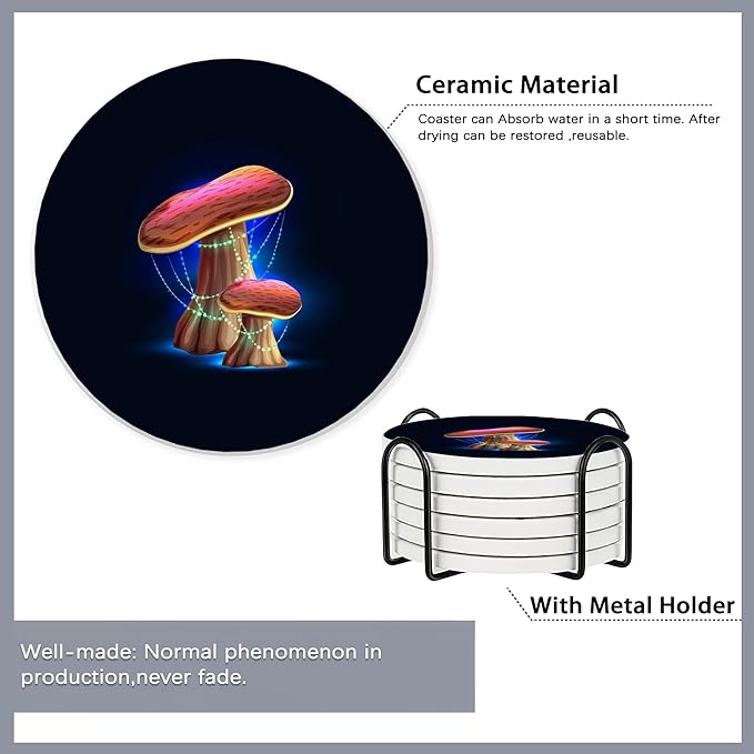 6 Pcs Coasters for Drinks with Holder,Magical Glowing Mushrooms Absorbent Coaster with Cork Backing,Great Gift for Housewarming,Room Decor,Bar,Holiday Party