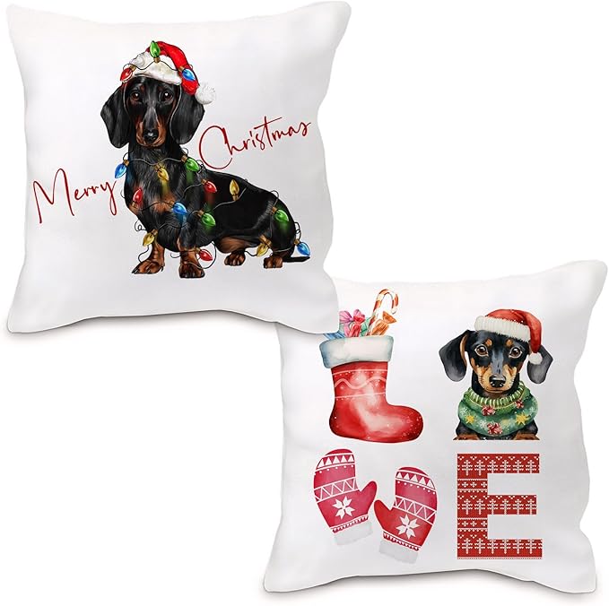 Dachshund Christmas Pillow Covers 18x18, Dachshund Gifts for Women, Merry Christmas Decor, Living Room Bedroom Decor, Set of 2