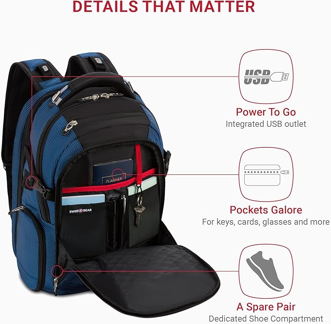 SwissGear Travel Tech Elite Laptop Backpack – Fits Laptops up to 16” – ScanSmart TSA-Friendly Backpack with USB Port, Shoe Compartment & Organizer Pockets – Blue/Black