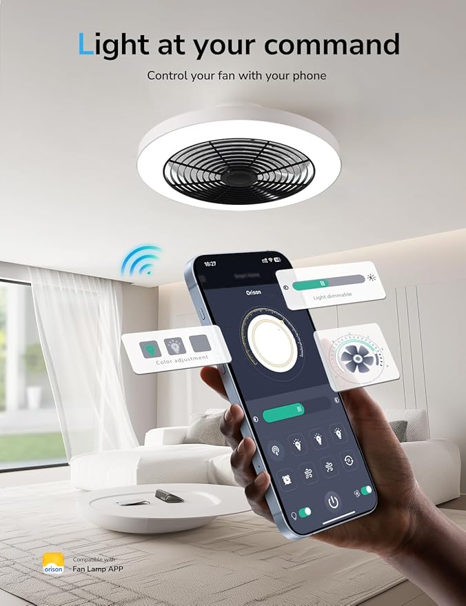 Orison Ceiling Fans with Lights, Low Profile Ceiling Fan with Lights and Remote, 6 Wind Speeds Smart Flush Mount Ceiling Fan for Bedroom, Kids Room and Living Room 19.7" (Black)