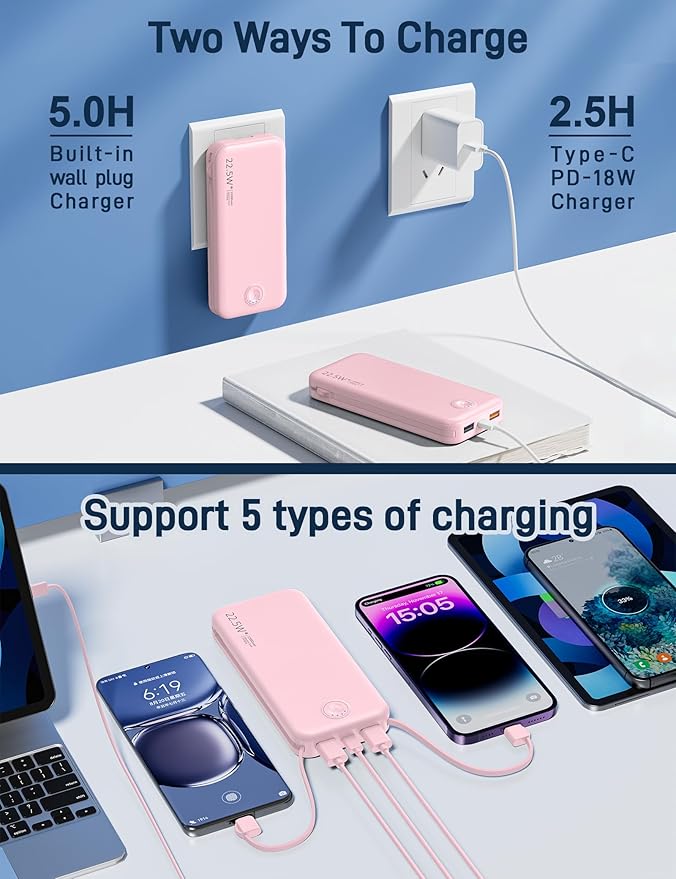 Portable Charger with Built in Cable and AC Wall Plug, USB C Power Bank 12000mAh 22.5W Super Fast Charging, Lightweight Portable Phone Charger Travel Battery Pack for iPhone, ect