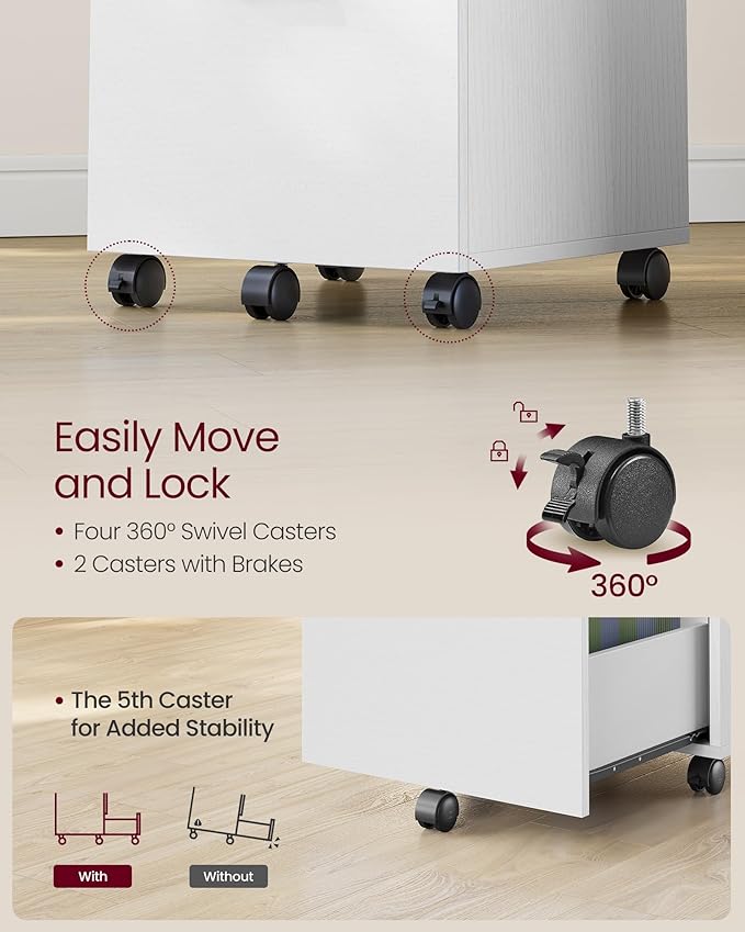 VASAGLE 2-Drawer File Cabinet, Small Rolling Filing Cabinet for Home Office, Printer Stand, for A4, Letter-Size Documents, 15.7 x 16.5 x 27.6 Inches, Snow White UOFC040W46