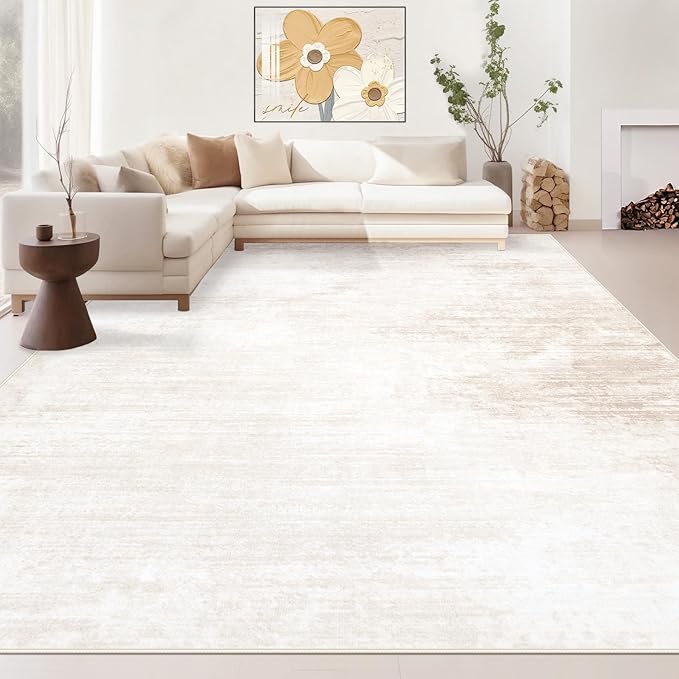 Area Rugs 10x14 Living Room: Washable Rug Modern Abstract Large Rugs Soft Non Slip Neutral Rug Stain Resistant Indoor Carpet for Bedroom Kitchen Dining Room Home Office Rugs(Beige, 10'x14')
