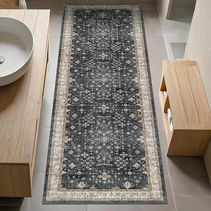 Black Boho Washable 2x6 Runner Rugs for Hallway Kitchen Bedroom Beside Laundry Room Bathroom Rug, Pet & Kids Friendly, Non Slip Low Pile Stain Resistant Soft Foldable Long 24 x 72 Floor Carpet
