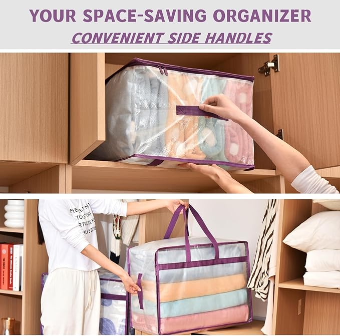 20 Gallon Large Clear Blanket Storage Bags for Bedding with Zipper Handles, 76L Oversized Comforter Storage Bag King Size, Folding Plastic Bedding Storage for Clothes, Bed Sheet, Pillow, Toys, 6Pack