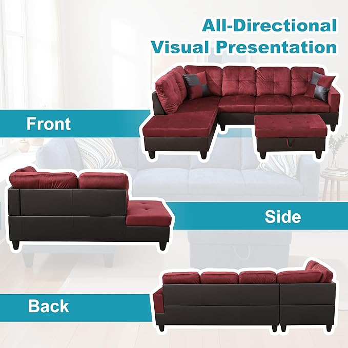 L Shaped Couch Modern Sectional Couch Upholstered Flannel Fabric 3 Pieces Sofas for Living Room with Chaise, Storage Ottoman for Office and Small Apartment, Red