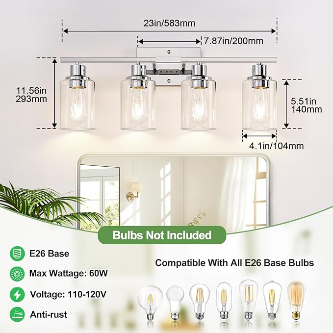 4 Light Bathroom Light Fixtures, Chrome Vanity Lights with Clear Glass Shades, Modern Bathroom Light Fixtures Over Mirror, Modern Bathroom Wall Lamp for Mirror Living Room Cabinet