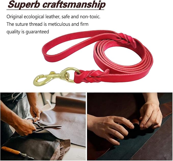 LWBMG Leather Dog Leash 4ft, Heavy Duty Dog Lead, Strong Genuine Leather Braided Pet Leash, Soft and Comfortable Pet Leashes for Large, Medium Dogs Training Red