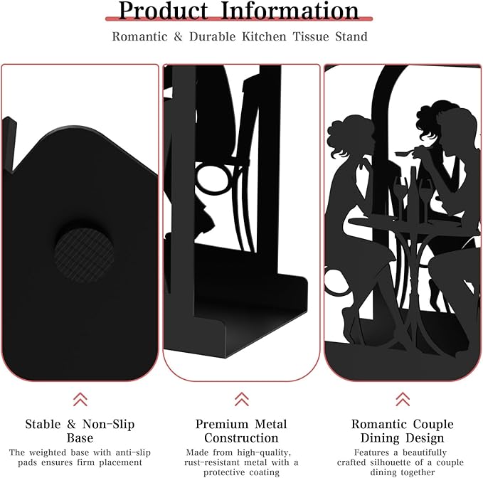 Modern Standing Napkin Holder for table, Black Metal Napkin Dispenser, Romantic Couple Meal Theme Style Napkin Holder, Suitable for Kitchen, Coffee Shop, Dining Room