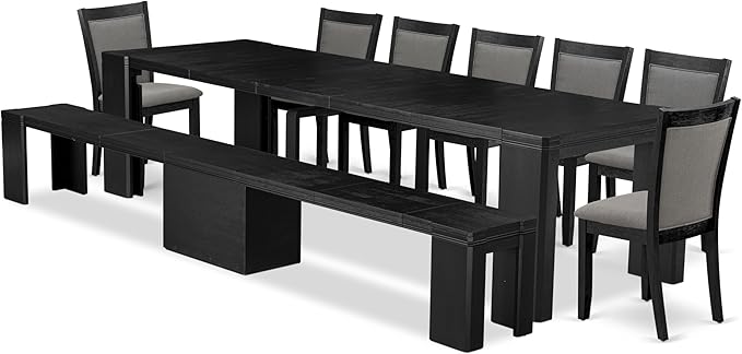 X07MZ-B06-50 - 9-Pc Dining Table Set a Rectangular Dining Table and a wooden Bench and 7 Dark Gotham Grey Linen Fabric Kitchen Chair, 39x120 Inch, Wire Brushed Black