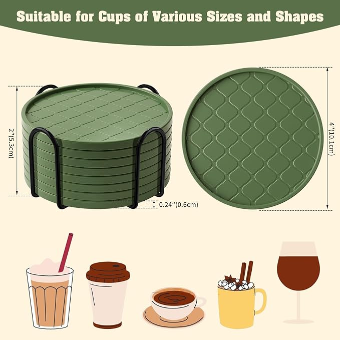 Coasters Set of 8,Hot or Cold Drink Coasters with Holder,Modern Style Coffee Table Coaster,Suitable for Kinds Cups Beer,Drink,Anti-Overflow Tabletop Protection(Green, 8pcs)
