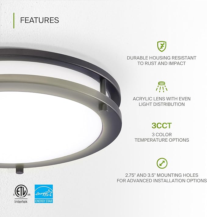 ASD LED 16" Round Flush Mount Lighting, Close to Ceiling Light Fixture | 3CCT, Dimmable, Energy Star, ETL Listed | 24W 1854LM 3000-5000K 120V | Low Profile Double Ring Lamp | Dark Bronze, 2 Pack
