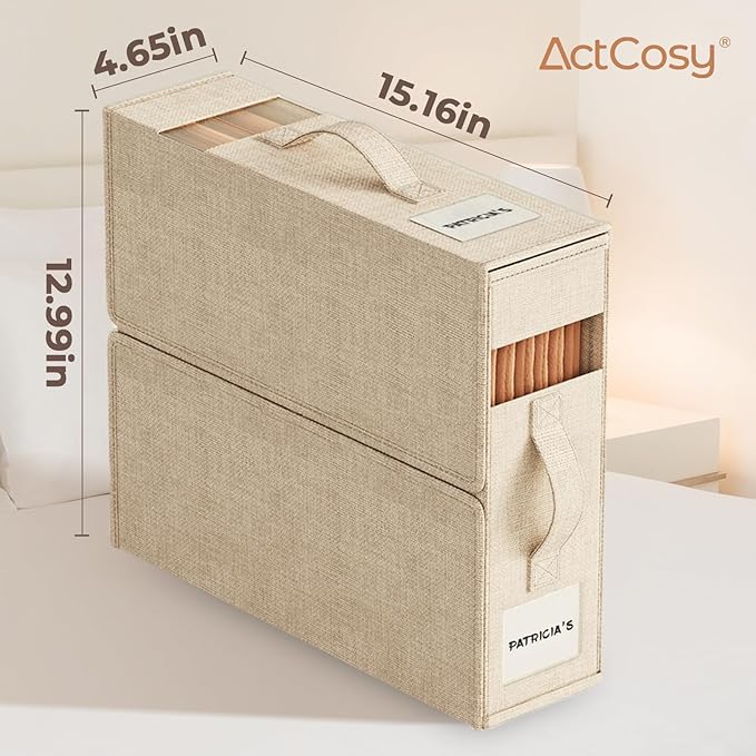 Sheet Organizers and Storage with Handles – Foldable Linen Closet Storage for King & Queen Sheet Sets – Clear Window & Removable Labels – Dustproof & Space-Saving Design, 8 Pack, Beige
