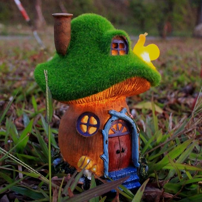 Mushroom Garden Statues,Outdoor Fairy House Figurine with Solar Powered Garden Light, Gifts for Women Mom Grandma Halloween Decor or Yard Decor (Resin)
