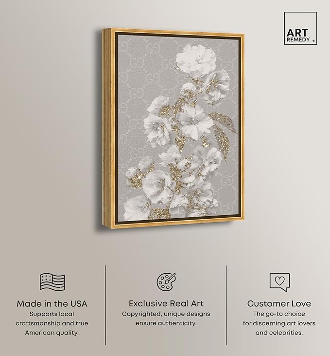Art Remedy Floral in Classic Fashion Canvas Delicate Farmhouse Wall Art, Gold Frame, 30" x 45"