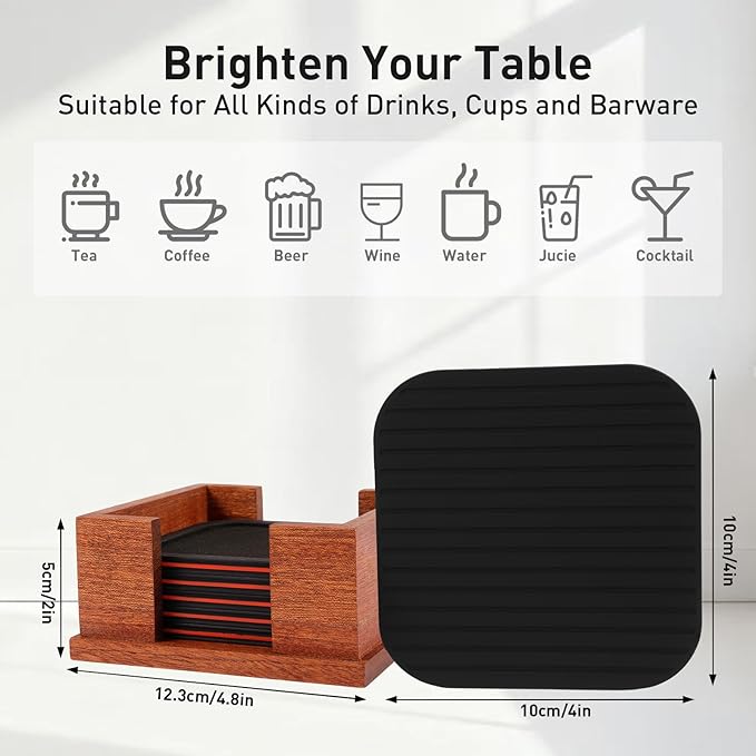 Lexenic Sleek Absorbent Coasters for Drinks with Solid Acacia Wood Holder, Silicone Cup Mat with Removable Felt Insert, Non-Slip, Non-Stick, Gift for Coffee Table Kitchen Decor, 6PCS (Black Red)
