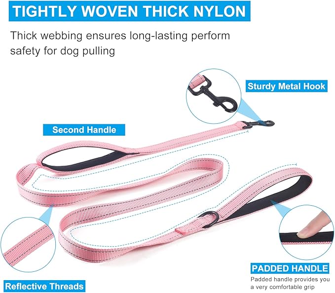 ECO-CLEAN Dog Leash for Large Dogs, Traffic Padded 2 Handles for Extra Control, 6 FT Long with Reflective Stitch for Night Walking (Pink)