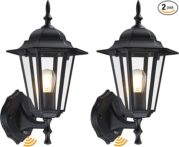 Outdoor Wall Lantern, Dusk to Dawn Exterior Wall Sconce with Clear Glass, Waterproof Black Aluminum Porch Light, Anti-Rust Outside Lighting Fixtures for Patio Front Door Entryway, 2-Pack