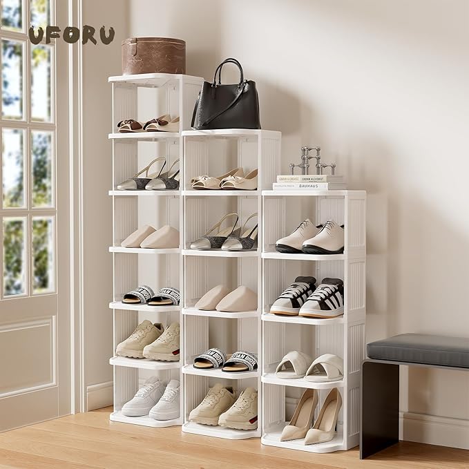 Vertical Shoe Rack, 6 Tiers Stackable Shoe Rack for Closet, Tall Standing Shoe Organizer, Small Shoe Shelf for Narrow Places Durable Plastic Construction (White)