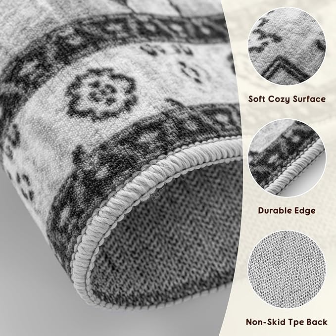 LBRO2M Boho 4X6 Rug Washable Rugs for Bedroom Non Slip Indoor Rug, Soft Low Piles Rugs Gray Foldable Carpet for Living Room Pet Friendly Area Rug Stain Resistant (4'X6' Light Gray)
