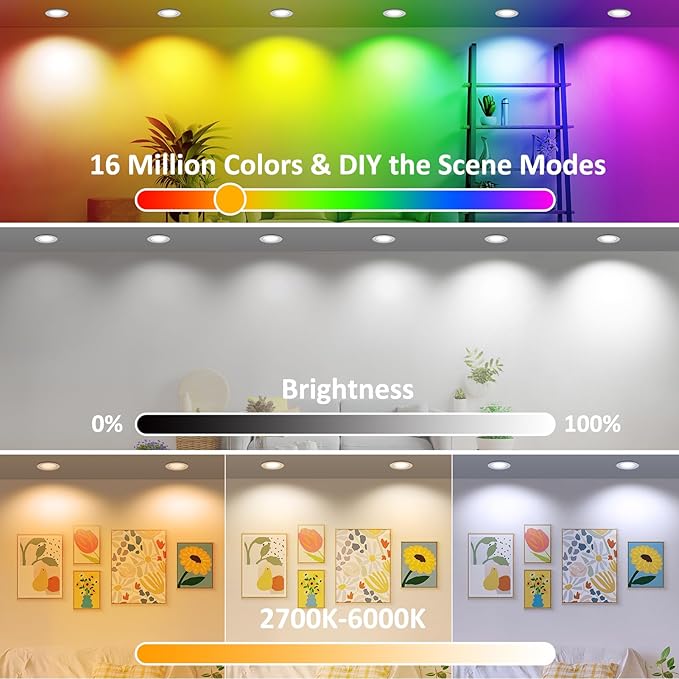Smart WiFi 2 Inch LED Downlight, 5W RGBCW Recessed Light 2700K-6000K, Dimmable COB Color Changing, Compatible with Alexa/Google, LED Driver Included, 6 Pack