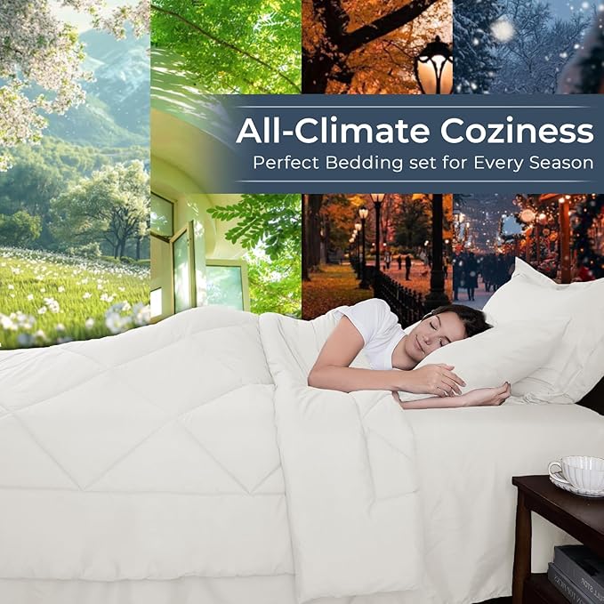 HEVUMYI Ivory Queen Comforter Set - 7-Piece All Season Bed in a Bag Queen, Ultra Soft Bedding Set with Comforter, Flat Sheet, Fitted Sheet, Pillowcases, Pillow Shams