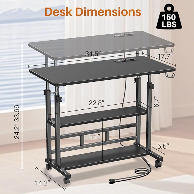 Adjustable Height Standing Desk with Power Outlets, Rolling Stand Up Desk with Storage Shelves, 31.5" Small Mobile Computer Desk, Portable Laptop Table (Black)