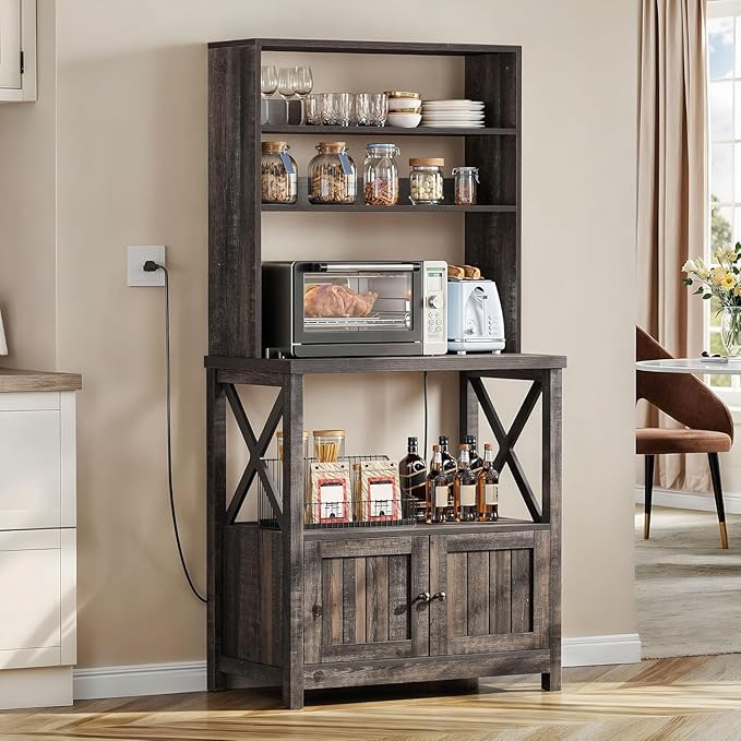 DWVO Baker Rack with Power Outlet and Storage, Farmhouse Microwave Stand with Door for Kitchen, 5-Tiers Tall Coffee Bar Station Cabinet Thickened Counter with Hutch Shelves, Black Oak