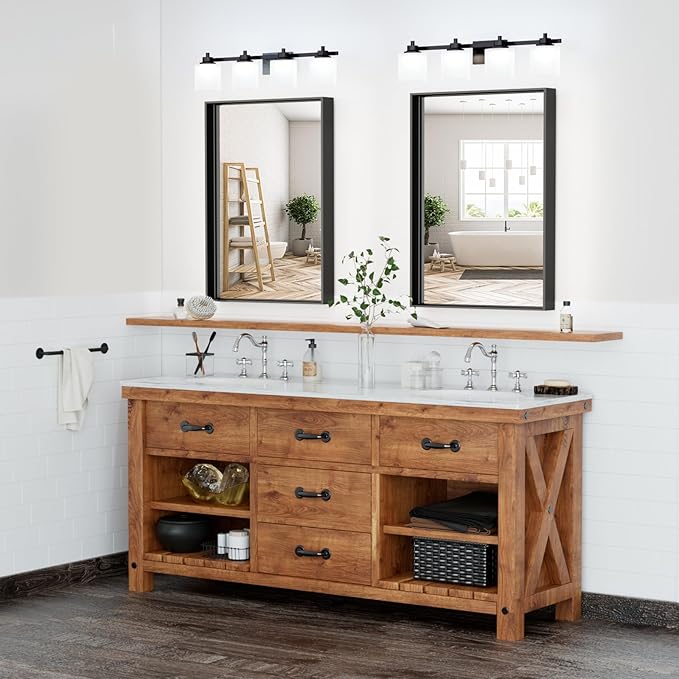 20”x 28” Black Bathroom Mirrors for Over Sink, Square Corner Rectangle Mirror, Bathroom Vanity Mirror, for Bedroom Living Room Entryway Decor, Tempered Glass, Hangs Horizontal/Vertical