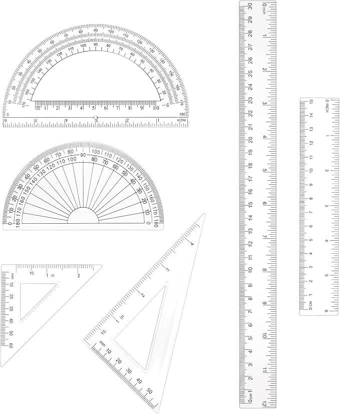 1 Set Plastic Clear Ruler Math Set, Includes 6" | 12" Long Straight Ruler, Triangles, Protractor Geometry Math Transparent Rulers for School Office Home Office Drawings (Transparent)