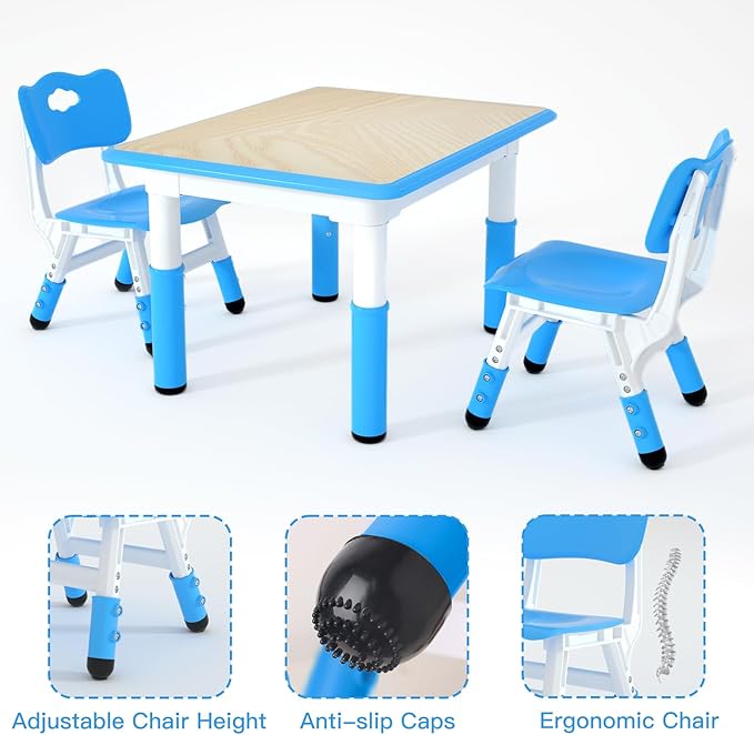 Kids Table and 2 Chairs Set，Height Adjustable Children Table & Chair，Toddlers Study Multi-Activity Table with 31.5"x23.6" Wipe-Clean Desktop，for Classrooms, Homes & Daycares