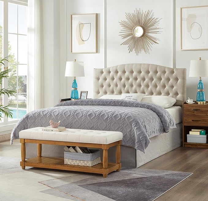 24KF Large Rectangular Upholstered Tufted Bed Bench, Linen Fabric Storage Ottoman Bench for Living Room, Padded Entryway Bench with Solid Wood Shelf,5098-Ivory