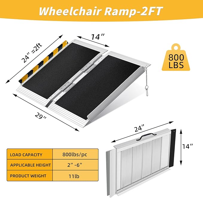 2FT Portable Wheelchair Ramp, Non-Slip Aluminum Folding Handicap Ramp for Home Steps, Stairs, Threshold and Doorways, Scooter Ramps, 800LBS Capacity