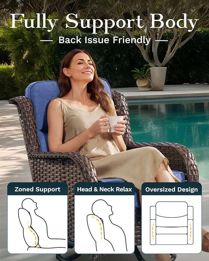 High Back Outdoor Furniture with Extra Thick Cushion Patio Swivel Rocking Chairs, Comfort 3-Seat Sofa, 5PCS Oversized Wicker Conversation Set for Porch, Deck, Yard in Blue