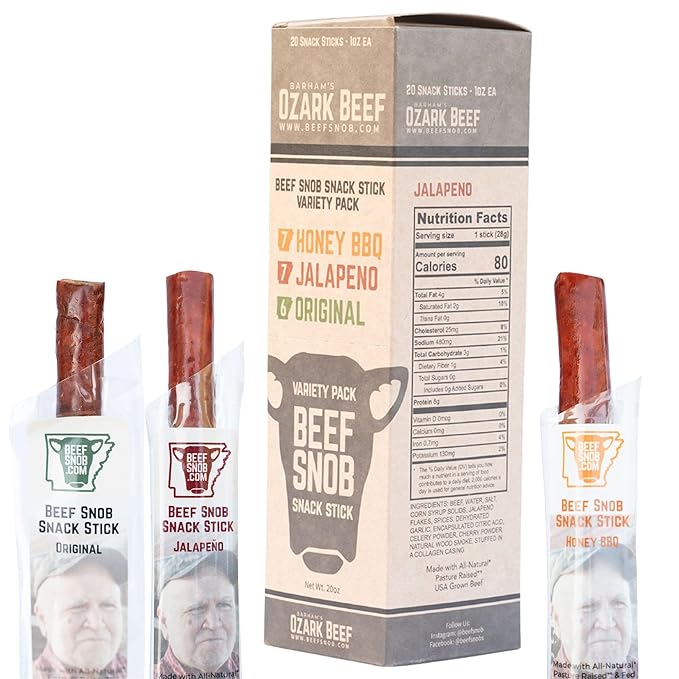 Beef Snob Snack Sticks - Variety Pack - Original (6), Jalapeno (7), Honey BBQ (7) - 1 Ounce Snack - 20 Meat Sticks Per Box - High Protein Snack, Keto Friendly, Gluten Free Jerky Sticks