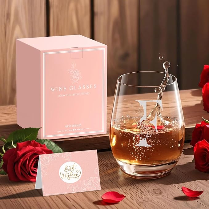 Valentines Day Gifts for Her, Gifts for Women Her Friend Mom Grandma Wife Sister Bridesmaid Nurse, Birthday Galentines Mothers Day Christmas, Personalized Initial Customized Wine Glasses 18OZ(F)
